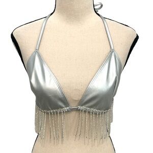 Bear Dance | Faux Silver Leather Bikini Top with Rhinestone Fringe Sz L